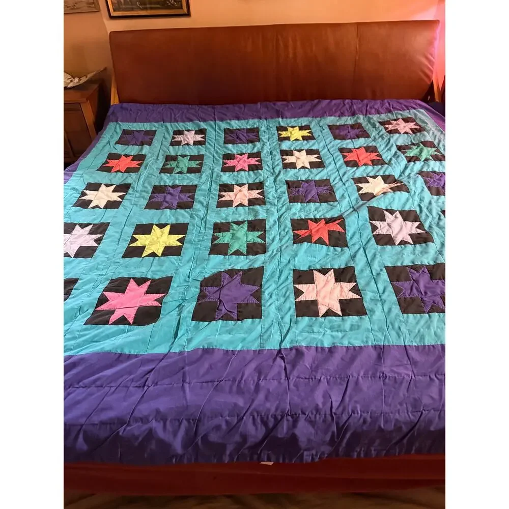 Vintage Handmade Patchwork Quilt King Size Hand Sewn Colorful Star Geometric